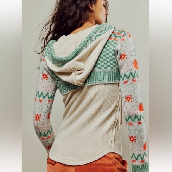 New Free People We The Free Cherry Cola Swit Cuff Oatmeal Combo Hoodie NWOT XS - Picture 5 of 10